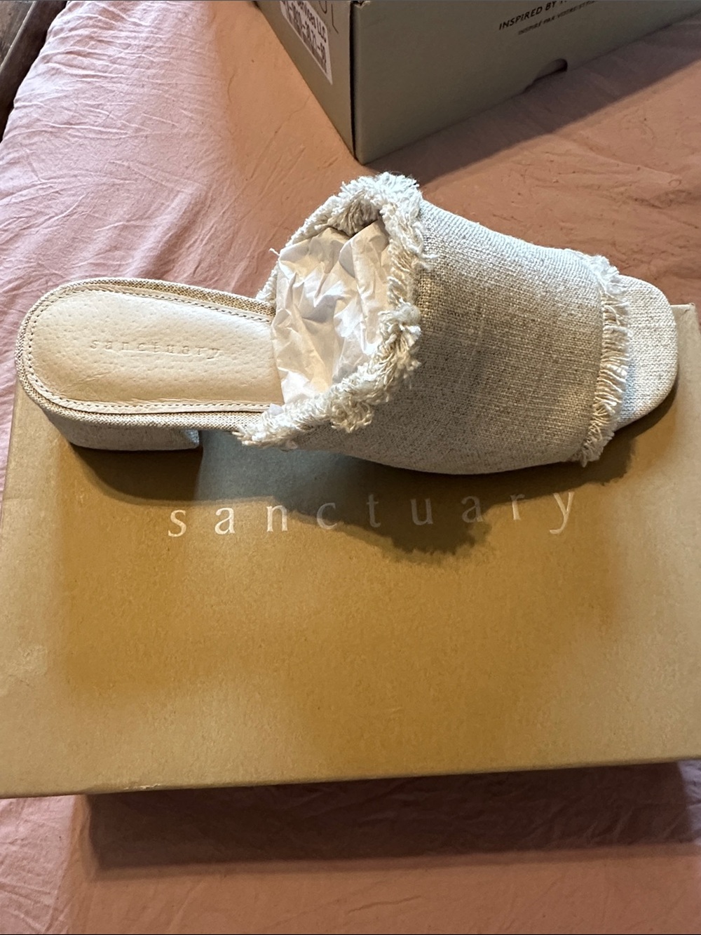 Sanctuary Neutral Beige Frayed Linen Slide Mule